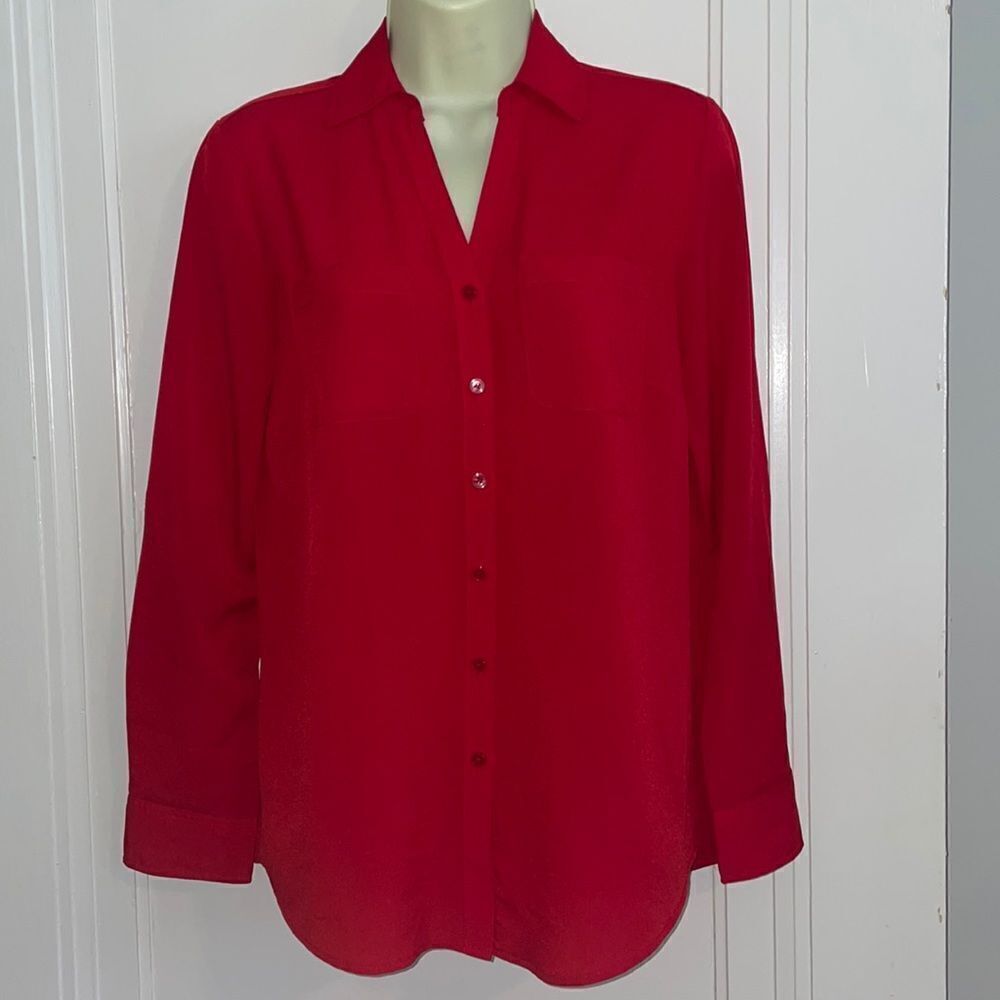 Talbots red polyester long sleeved button down shirt
